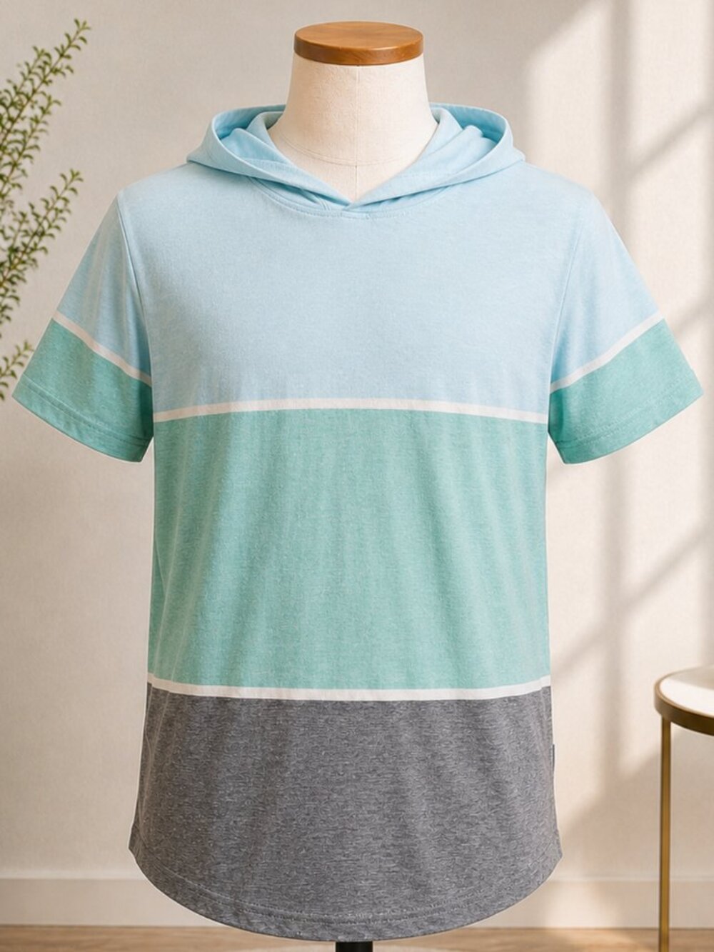 Ocean Current Boys Colorblock Short Sleeve Hoodie Shirt Blue Green Gray Size M N